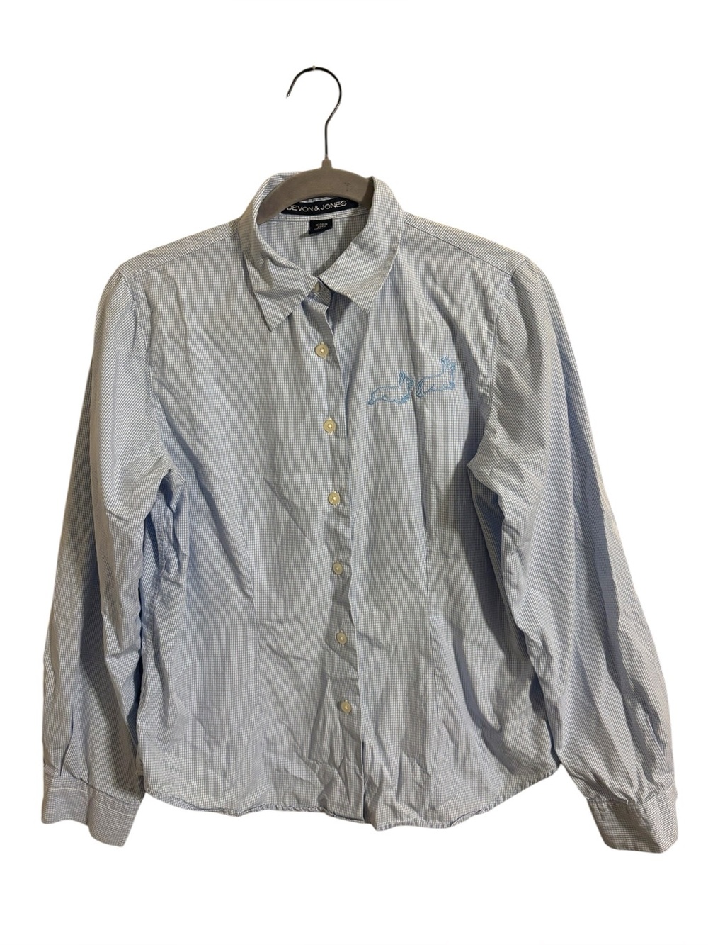 Devon & Jones Blue‎ Gingham Corgi Dog Embroidered Button Up Shirt Womens Medium
